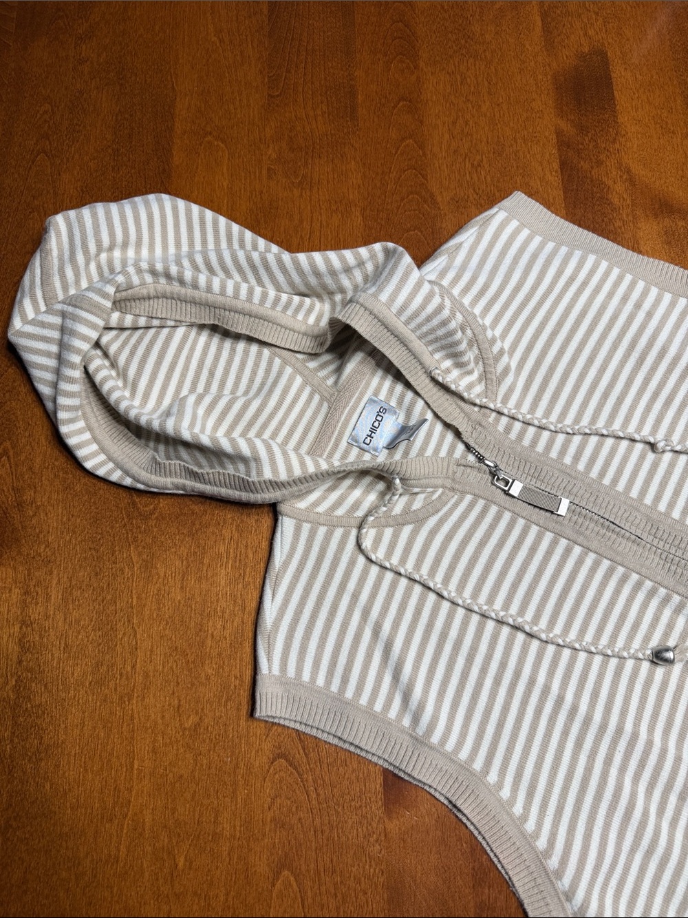 Chico's Beige & Cream Striped Hooded Zip Vest Size 3
